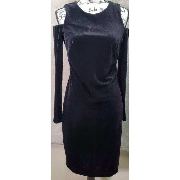 Calvin Klein Sheath Dress Womens 6 Black Velvet Cold Shoulder Sleeve Back Zipper - Picture 1 of 6